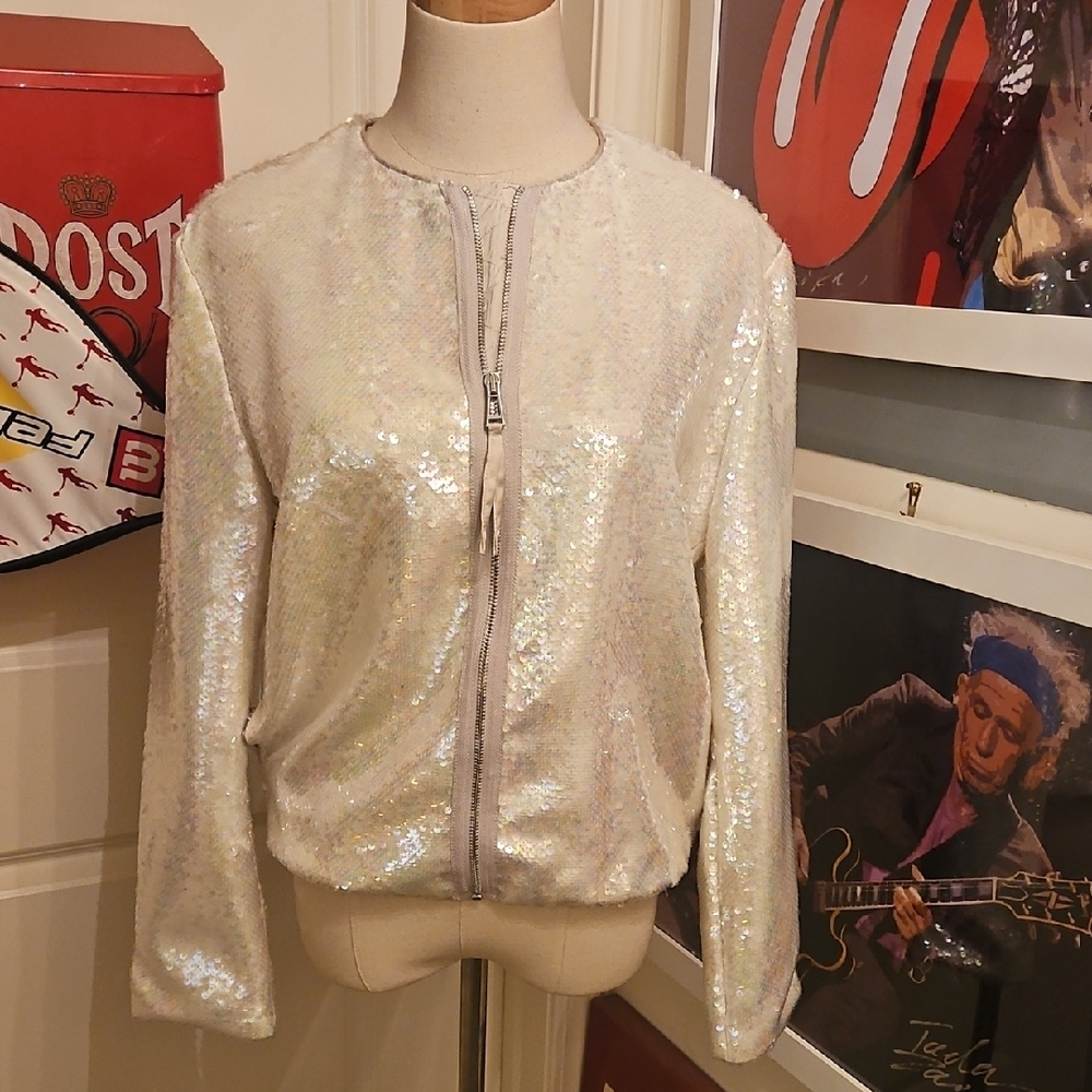 Elie Tahari Sequin Bomber Jacket - Cream